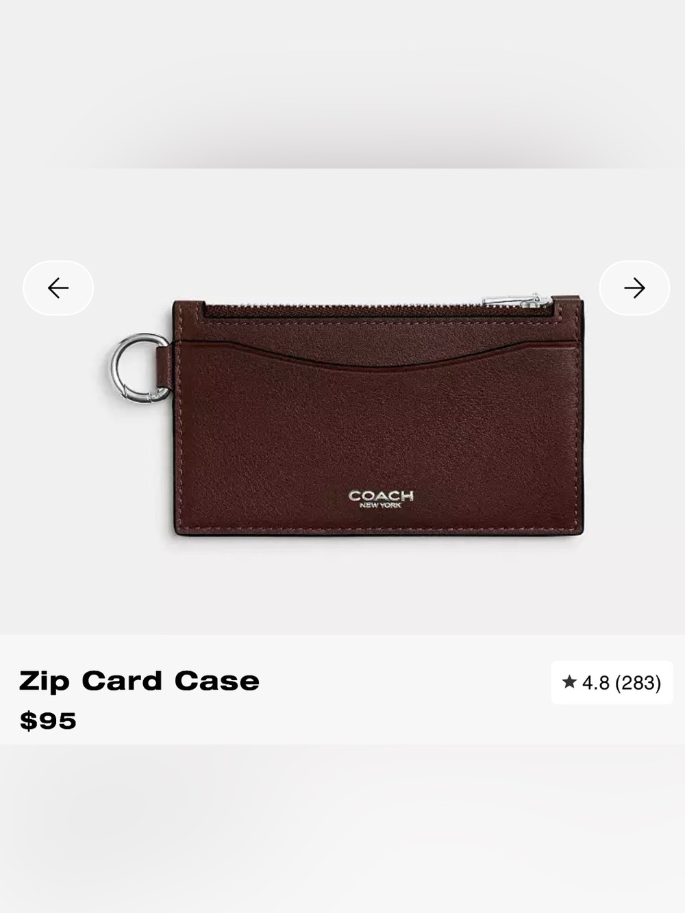Coach Zip Card Case in Dark Brown with Silver Tone Hardware